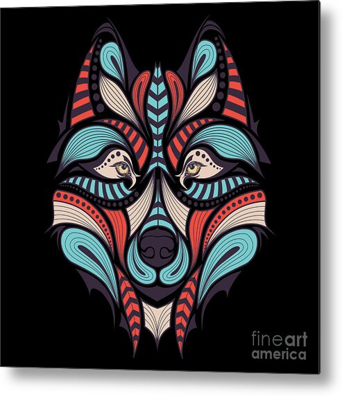 Cunning Metal Print featuring the digital art Patterned Colored Head Of The Wolf by Sunny Whale