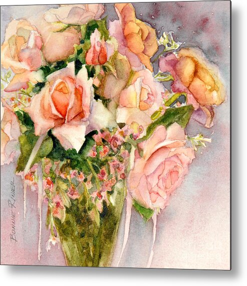 Peach Colored Roses Metal Print featuring the painting Peach Roses in Vase by Bonnie Rinier