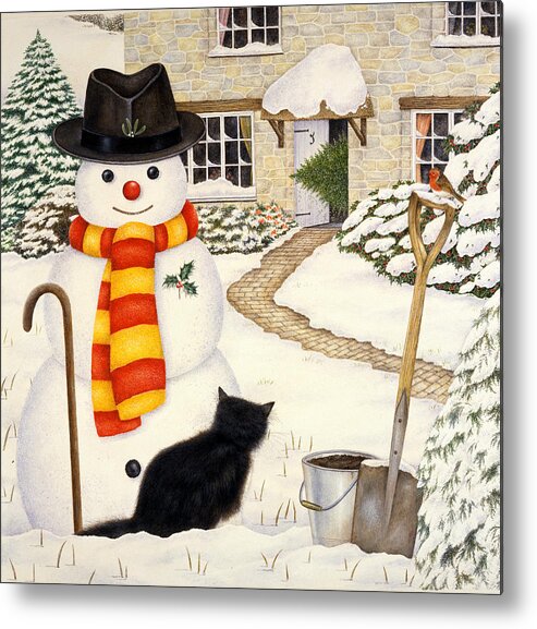 Art Licensing Metal Print featuring the painting Peek-A-Boo Snowman by Anne Mortimer