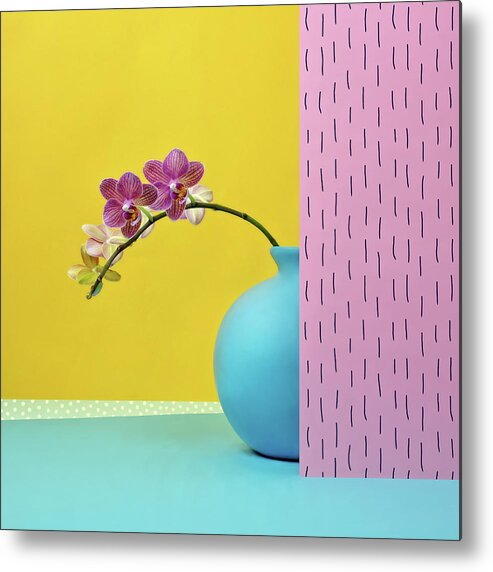 Vase Metal Print featuring the photograph Pink Orchid In Blue Vase by Juj Winn