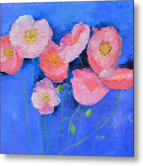 Poppies Metal Print featuring the painting Pink Poppies on Blue by Jan Matson