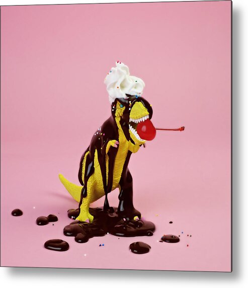 Cherry Metal Print featuring the photograph Plastic T-rex Dinosaur Toy As Chocolate by Juj Winn