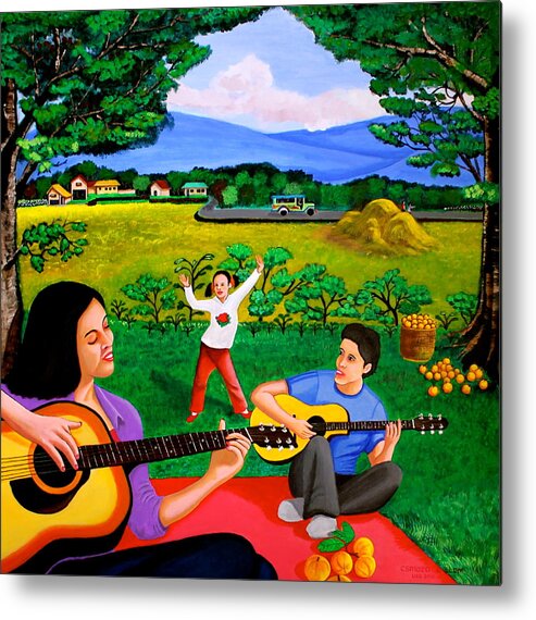 Guitar Metal Print featuring the painting Playing Melodies Under the Shade of Trees by Cyril Maza