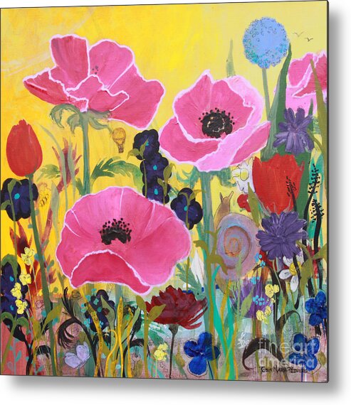 Poppies Metal Print featuring the painting Poppies and Time Traveler by Robin Pedrero
