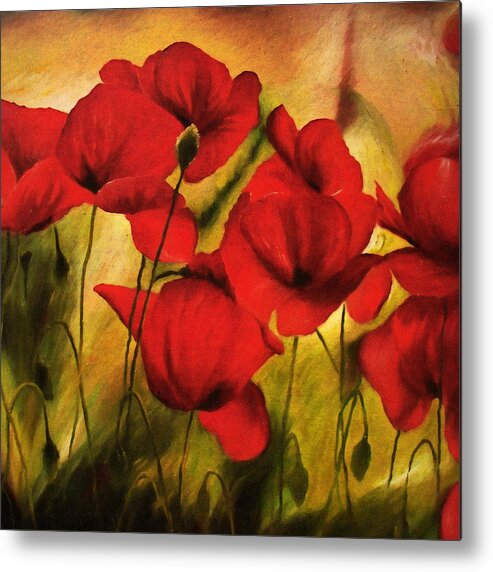 Poppy Art Metal Print featuring the painting Poppy Flowers At Dusk by Georgiana Romanovna
