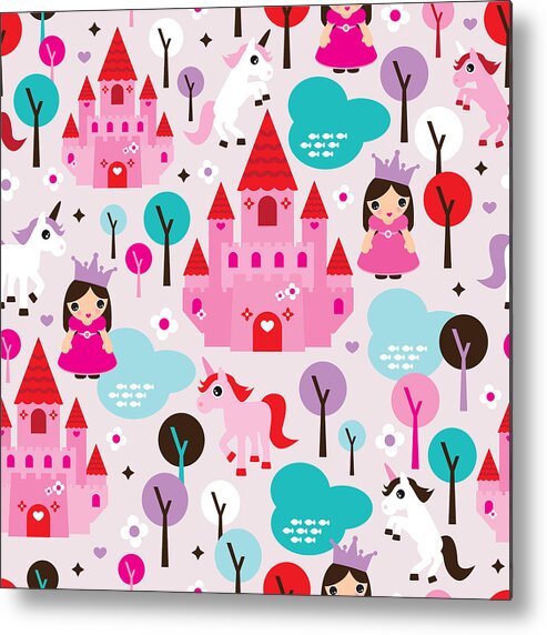 Illustration Metal Print featuring the digital art Princess and Unicorns illustration for kids by Little Smilemakers Studio
