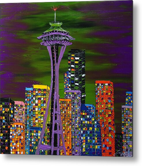 Seatlle Space Needle Metal Print featuring the painting Purple Colors Of Emerald City by James Dunbar