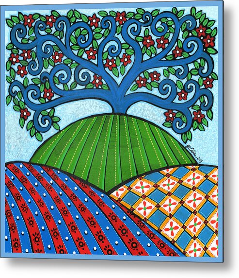 Quilt Metal Print featuring the painting Quilted Hills Blue Tree by Jay Winter Collins