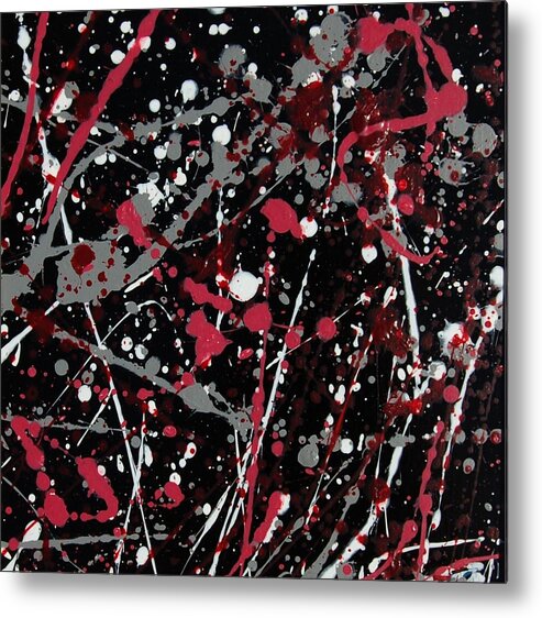 Linda Brody Metal Print featuring the painting Red and Grey Paint Splatter I by Linda Brody