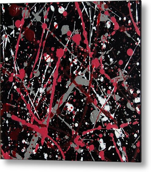 Linda Brody Metal Print featuring the painting Red and Grey Paint Splatter II by Linda Brody