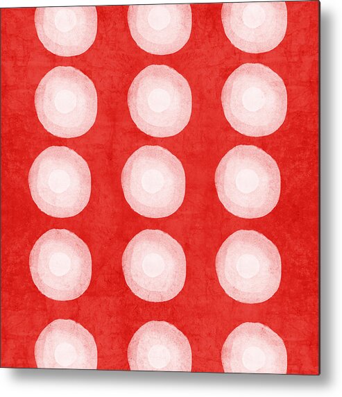 Shibori Metal Print featuring the painting Red and White Shibori Circles by Linda Woods