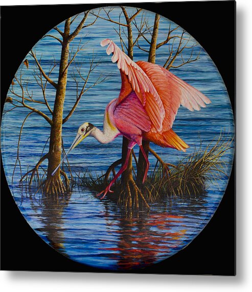 Roseate Spoonbill Metal Print featuring the painting Red Eye by AnnaJo Vahle
