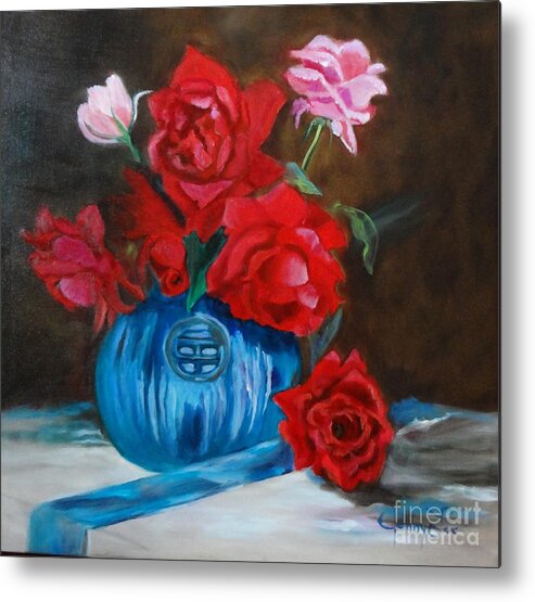 Asian Vase With Red Roses Print Metal Print featuring the painting Red Roses and Blue Vase by Jenny Lee