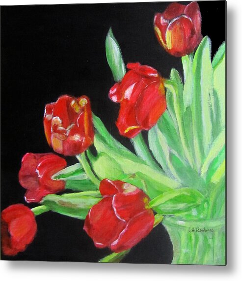 Tulips Metal Print featuring the painting Red Tulips in Vase by Linda Feinberg