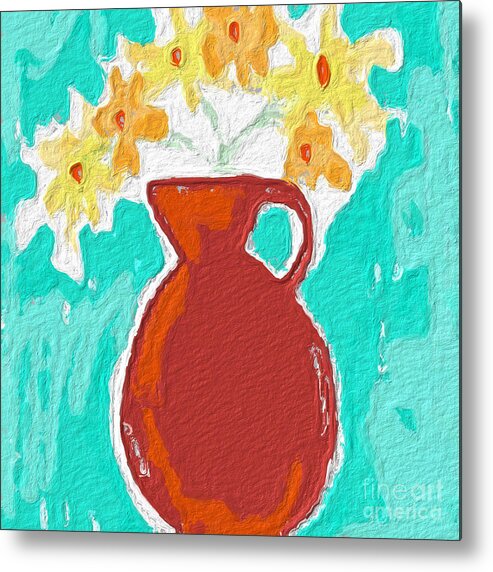 Flowers Metal Print featuring the painting Red Vase Of Flowers by Linda Woods
