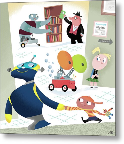 Robot Metal Print featuring the digital art Robots And Children At School by Bob Staake