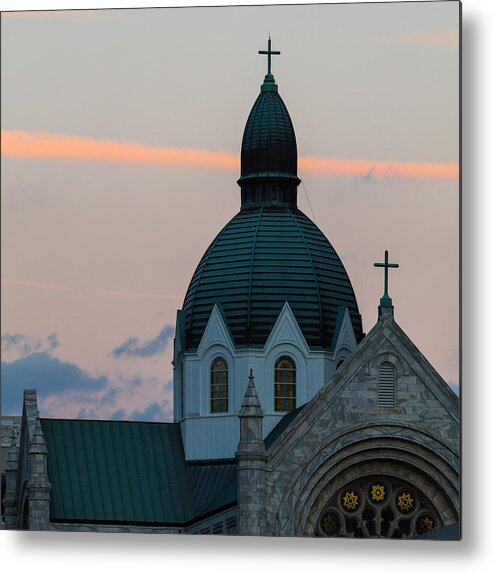 Architectural Features Metal Print featuring the photograph Sacred Heart at Sundown by Ed Gleichman