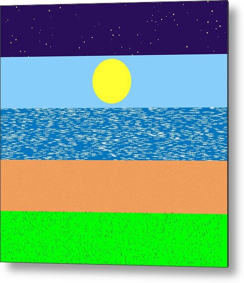 Night Sky Stars Nature Sun Sea Ocean Blue Sand Grass Rithmart Naive Folk Metal Print featuring the digital art Scapes.1 by Gareth Lewis