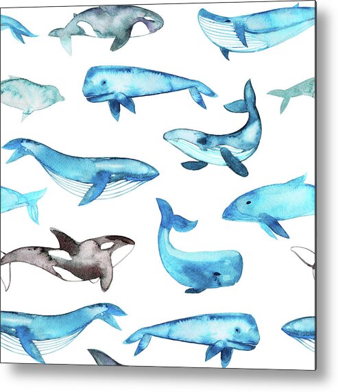 Art Metal Print featuring the photograph Seamless Pattern With Watercolor Whales by Asya mix