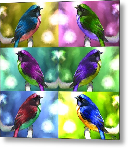 Duvet Metal Print featuring the painting Six Colored Sparrows Duvet by Bruce Nutting