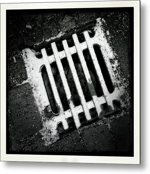 Drain Metal Print featuring the photograph Snow covered drain black and white minimalism abstract by Matthias Hauser