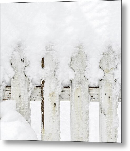 Snow Metal Print featuring the photograph Snow on a white picket fence by Marianne Campolongo