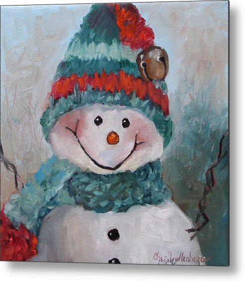 Snowman Metal Print featuring the painting Snowman III - Christmas Series by Cheri Wollenberg