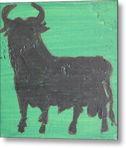 Wood Block Metal Print featuring the painting Spanish Black Bull Green by Roger Cummiskey