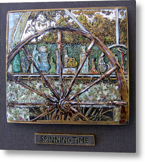 Spinning Wheel Metal Print featuring the relief Spinning Time by Brenda Berdnik