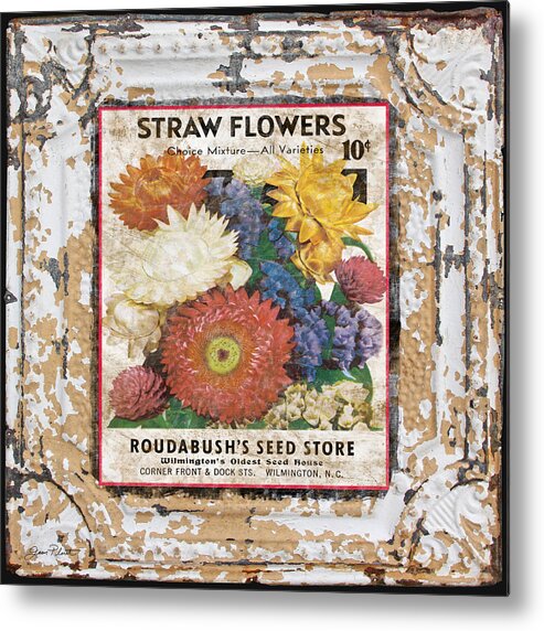 Tin Tile Metal Print featuring the digital art Straw Flowers on Vintage Tin by Jean Plout