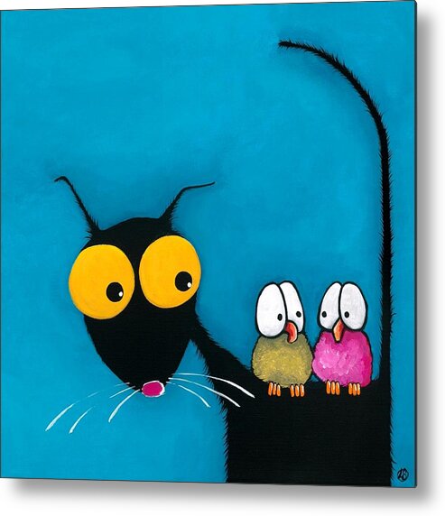 Black Cat Metal Print featuring the painting Stressie Cat and the whimsical birds by Lucia Stewart