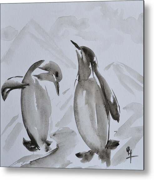 Penguins Metal Print featuring the painting Sumi-e Penguin Dance by Beverley Harper Tinsley
