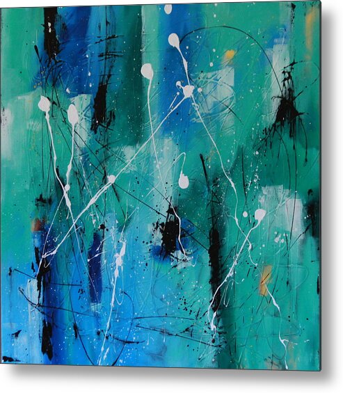  Contemporary Action Textured Acrylic Abstract Painting On Canvas In Blues And Greens Metal Print featuring the painting Summer Nights by Lauren Petit