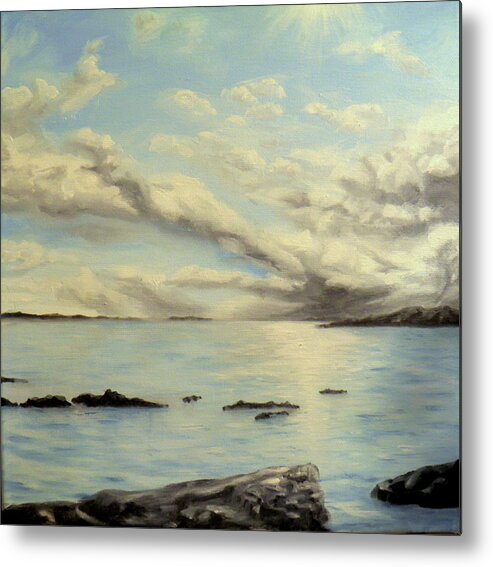 Sunlight Clouds Water Sea Ocean Blue Grey White Rocks Sky Waves Reflections Dark Light Shadow Islands Rain Sun Metal Print featuring the painting Sunlight On Water by Ida Eriksen