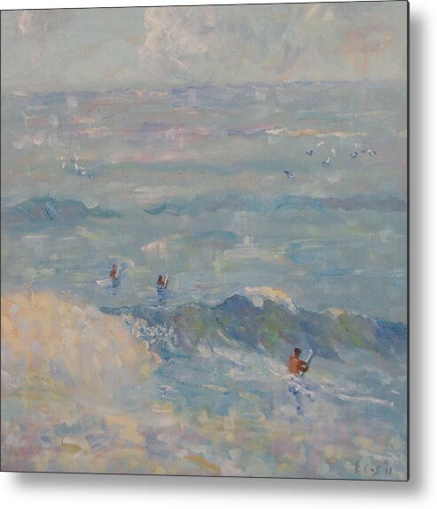 Seascape Metal Print featuring the painting Surfers at Kommetjie by Elinor Fletcher