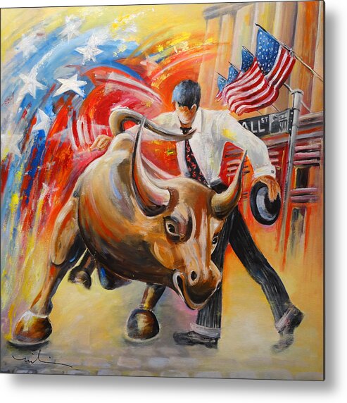 Expressionism Metal Print featuring the painting Taking on The Wall Street Bull by Miki De Goodaboom