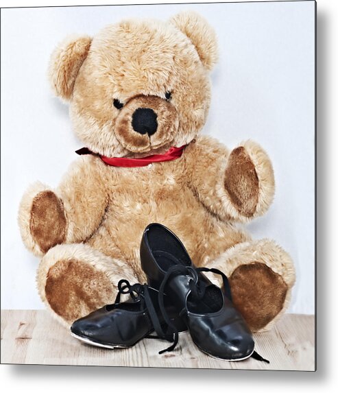 Black Metal Print featuring the photograph Tap dance shoes and Teddy Bear dance academy mascot by Pedro Cardona Llambias