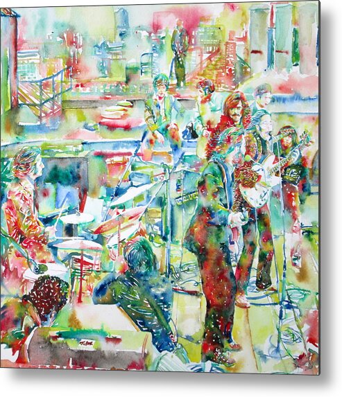 Beatles Metal Print featuring the painting THE BEATLES ROOFTOP CONCERT - watercolor painting by Fabrizio Cassetta