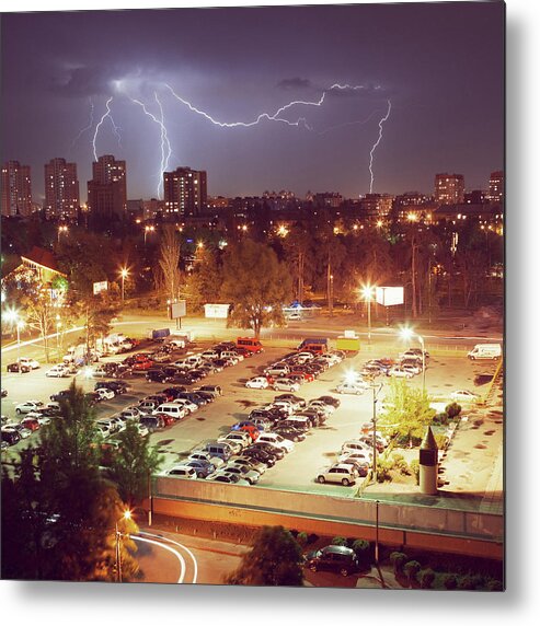 Parking Lot Metal Print featuring the photograph The Lightning In A Night City by Wind Of Renovatio