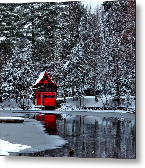 The Red Boathouse On The Narrows Metal Print featuring the photograph The Red Boathouse by David Patterson