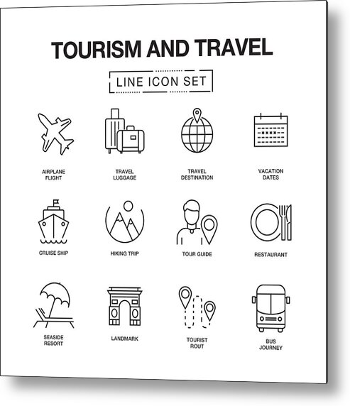 Internet Metal Print featuring the drawing Tourism And Travel Line Icons Set by Cnythzl