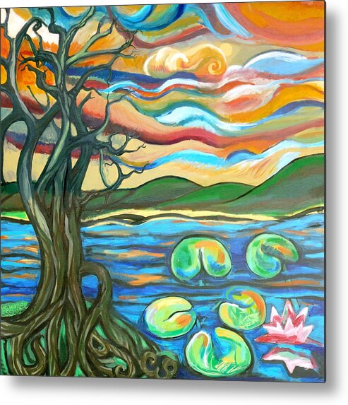 Tree Metal Print featuring the painting Tree And Lilies At Sunrise by Genevieve Esson