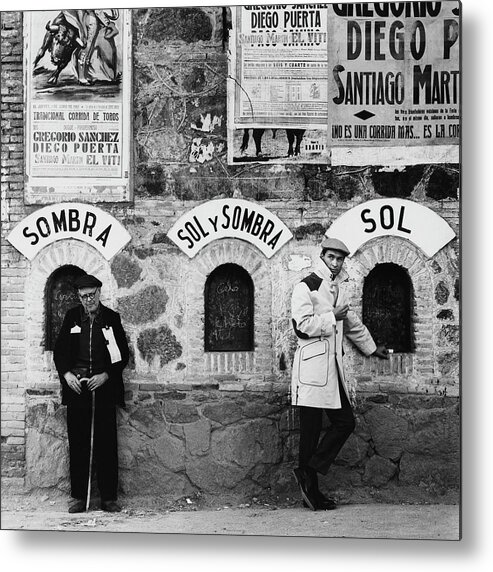 Fashion Metal Print featuring the photograph Two Men Posing By A Wall Covered In Spanish by Chadwick Hall