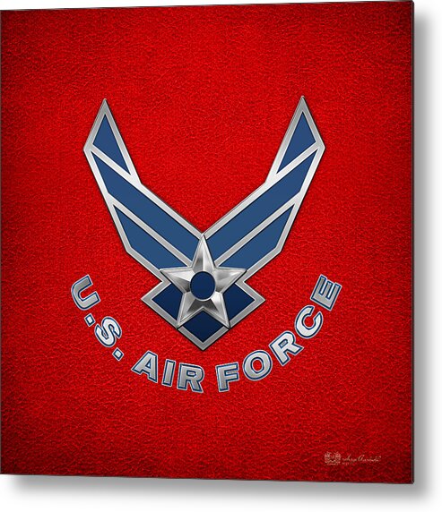 'military Insignia & Heraldry 3d' Collection By Serge Averbukh Metal Print featuring the digital art U. S. Air Force - U S A F Logo on Red Leather by Serge Averbukh