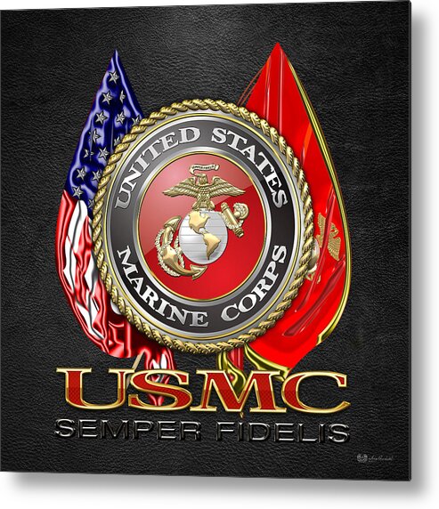 'military Insignia & Heraldry 3d' Collection By Serge Averbukh Metal Print featuring the digital art U. S. Marine Corps U S M C Emblem on Black by Serge Averbukh