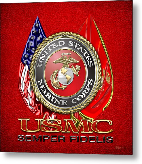 'military Insignia & Heraldry 3d' Collection By Serge Averbukh Metal Print featuring the digital art U. S. Marine Corps U S M C Emblem on Red by Serge Averbukh