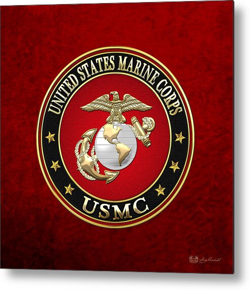 'military Insignia & Heraldry 3d' Collection By Serge Averbukh Metal Print featuring the digital art U S M C Eagle Globe and Anchor - E G A on Red Velvet by Serge Averbukh