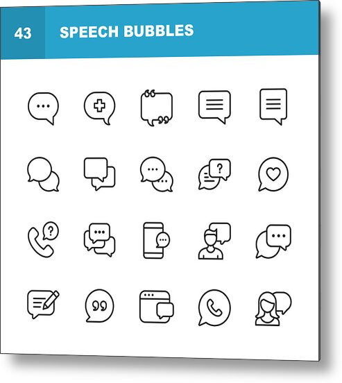Working Metal Print featuring the drawing Vector Speech Bubbles and Communication Line Icons. Editable Stroke. Pixel Perfect. For Mobile and Web. by Rambo182