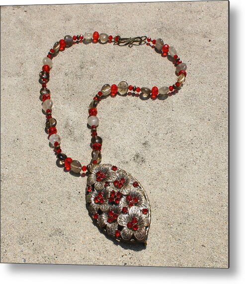 Ooak Metal Print featuring the jewelry Vintage Ruby Rhinestone Flower Brooch Pendant Necklace 3633 by Teresa Mucha