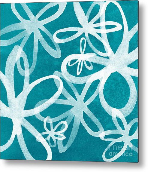 Large Abstract Floral Painting Metal Print featuring the painting Waterflowers- teal and white by Linda Woods